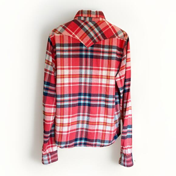 Men's Hollister Pearl Snap Plaid Shirt Western Style Red Plaid Size Large - Picture 9 of 13
